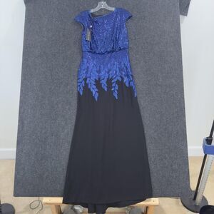 Tadashi Shoji Corona Dress Women's 10P Petite Blue Black Sequin Gown Formal Maxi